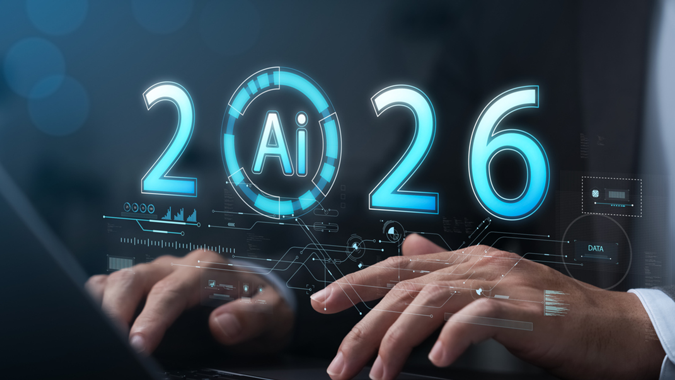 A person interacting with a digital 2026 AI interface, representing the evolution of enterprise AI.